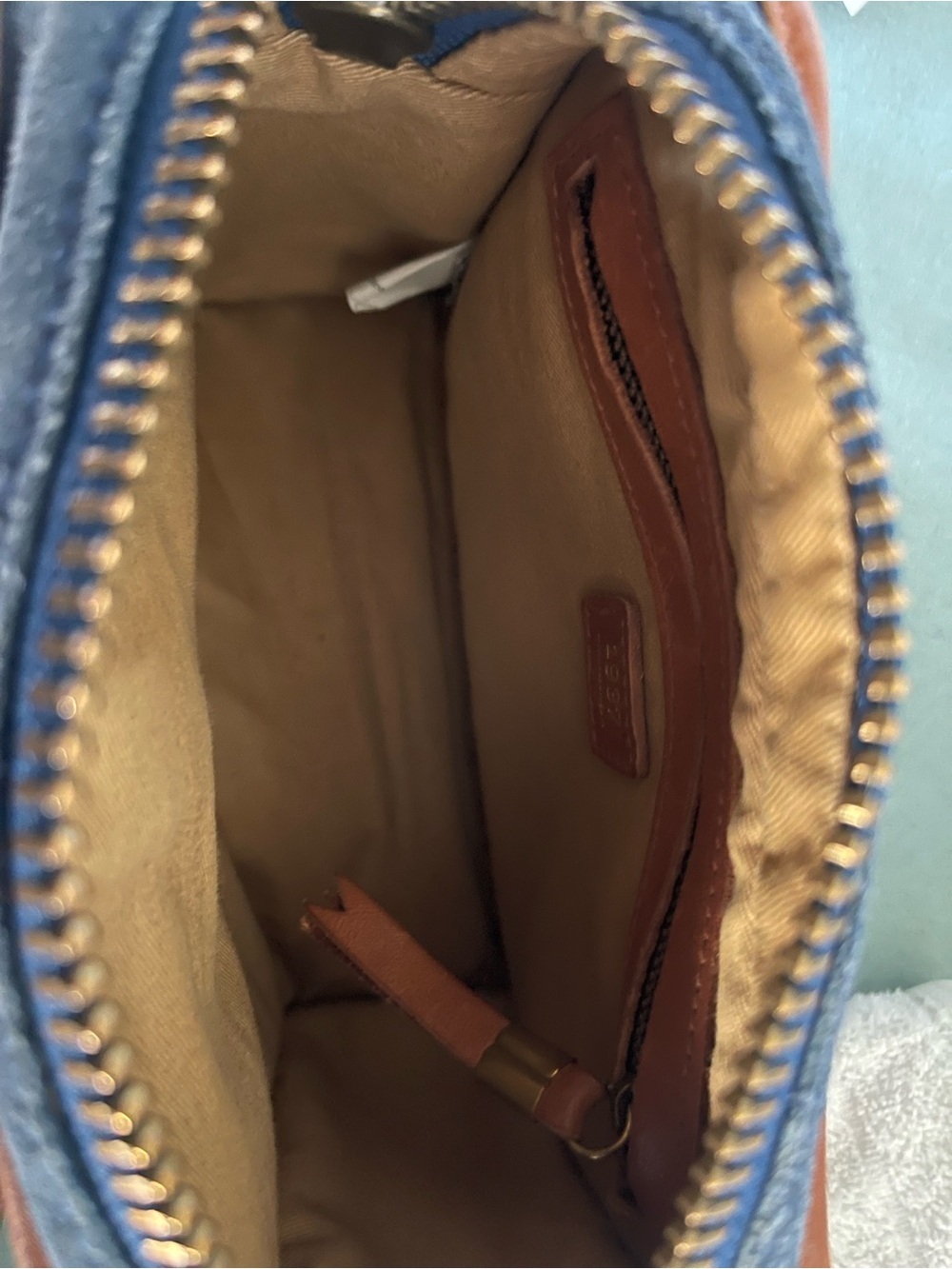 Madewell Camden Mini Crossbody Blue Suede Cognac Leather Camera Bag - Picture 8 of 10